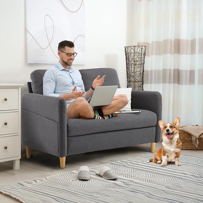 VINGLI 47" Small Couch, Dark Grey Linen Loveseat Sofa Mini Couch Mid Century Modern Decor Love Seat for Small Spaces Living Room, Bedroom, Play Room