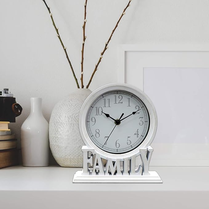 6.5 Inches Mantel Clock, Vintage Non-Ticking Family Desk Table Clock Battery Operated with Quartz Movement HD Glass for Kids Bedroom Living Room Office (Distressed White)