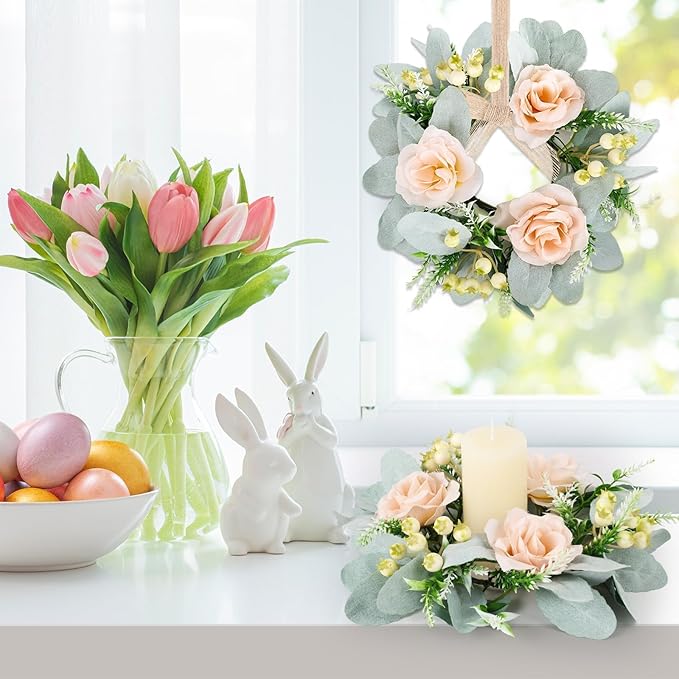 6 Pcs Wedding Rose Candle Rings Swag Wreath Artificial Floral Wreaths with Lamb Leaf Flower Candle Rings Candleholders Garland for Pillar Centerpiece Party Table Wall Window Farmhouse Decor