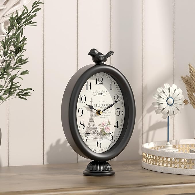Vintage Table Clock with Bird, Desk and Shelf Decor Clock, French Paris Style, Antique Black Metal Mantel Clocks for Living Room, Farmhouse, Bedroom, Bedside, Gift (10" H x 5.9" W)