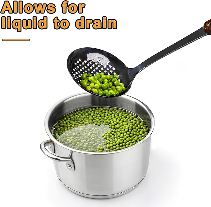 FJNATINH Stainless Steel Wok Spatula,Ladle,Skimmer Ladle Tool Set,Mirror Polished Cooking Utensils with Wooden Handle,Easy to Clean Wok Accessories,Black 3 PCS