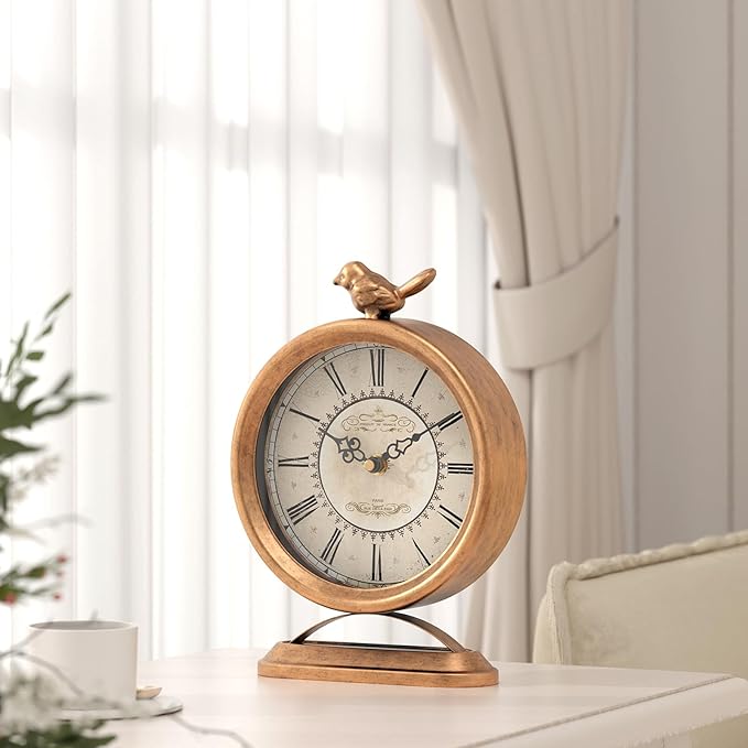 Vintage Table Clock with Bird, European Antique Style Gold Mantel Clocks, Desk and Shelf Decor Clock, for Farmhouse, Bedside, Living Room, Bedroom, Gift (9" H x 6.5" W)