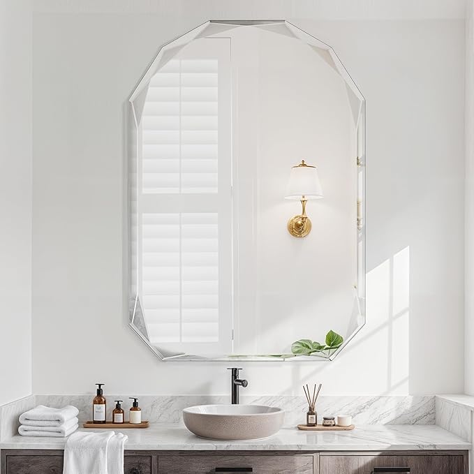 Bathroom Mirror for Wall, 26" x 38" Arched Mirror, Bathroom Vanity Mirror, Beveled Edge Frameless Wall Mount Vanity Mirrors, Wall Mirrors Decorative, Irregular Beveled Edge Mirror