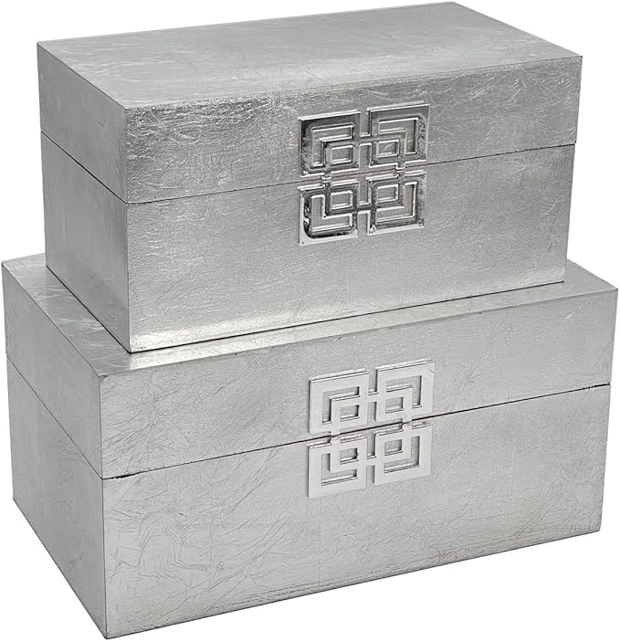 Galt International Storage Box Set Decorative Storage Box w/Hinged Lid Classic Design Wood Decor Boxes with Geometric Clasp Storage for Bedroom & Home - Set of 2 (Silver)