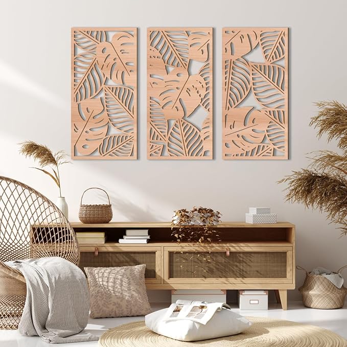 IARTTOP Leaf Wood Tropical Wall Art 15.9X32 Inch Carved Palm Leaves Wall Decor Coastal Monstera Plant Wall Sculptures for Living room Bedroom Set of 3