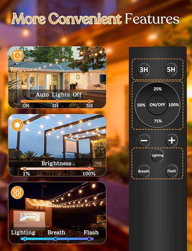 50 FT Outdoor String Lights - LED Waterproof Patio Lights with Dimmer Remote - Edison Bulbs for Porch, Backyard & Cafe/Bistro