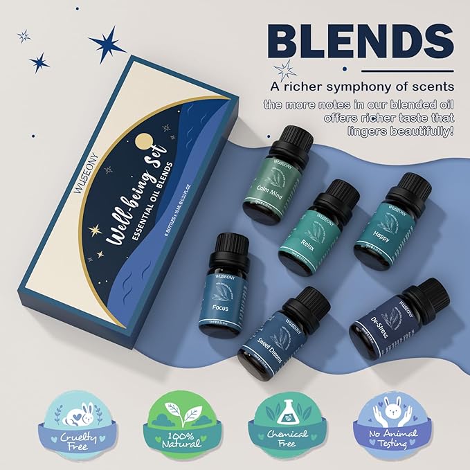 Well-Being Essential Blends Oils Set, Aromatherapy Oils Gift Set for Diffusers Home, Fragrance Oil Scent for Candle Soap Making - Happy, Calm Mind, De-Stress, Relax, Focus, Sweet Dreams