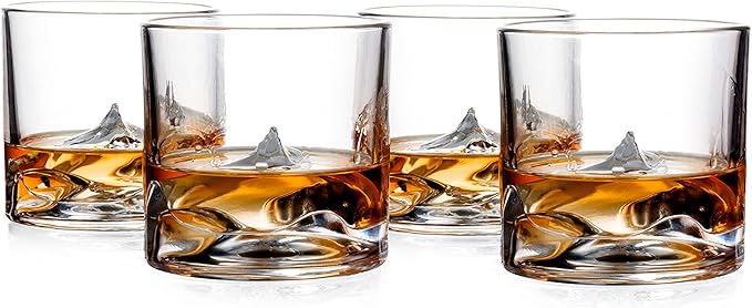 Mount Everest Heavy Crystal Whiskey Glasses Gift Set of 4, Thick Freezable Bourbon Glass 1lb Each, Premium Whiskey Gifts for Men, Frozen Crystal Chills Cocktails, 10 oz