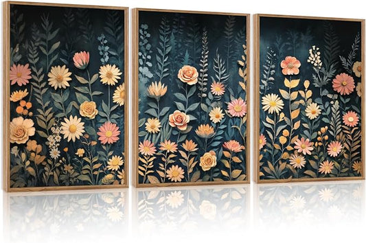 HPNIUB Modern Dark Wildflower Framed Canvas Wall Art Set,Minimalist Nature Jungle Botanical Landscape Wall Decor, (16x24 Inch) Farmhouse Painting for Living Room, Bedroom, Office