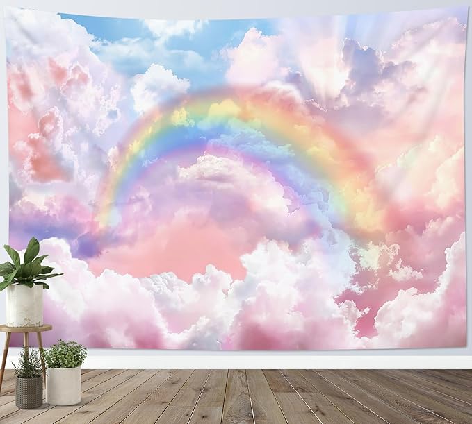 HVEST Rainbow Cloud Tapestry, Polyester Wall Art, Rainbow and Pink Cloud with Glow Sunshine in Pastel Sky, Aesthetic Nature Landscape, Bedroom Living Room Decor, 60x40 Inches