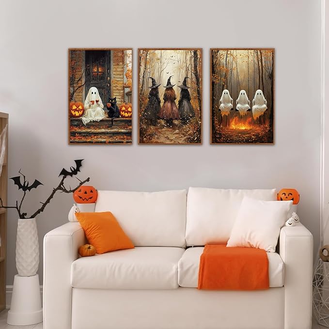 HLNIUC Framed Halloween Canvas Wall Art,Dark Witch Crow Raven Prints,Black Cat Decor,Horror Gothic Ghost Pictures Set of 3 (16"X24") Scary Pumpkin Wall Decor for Party Living Room Bedroom Decoration