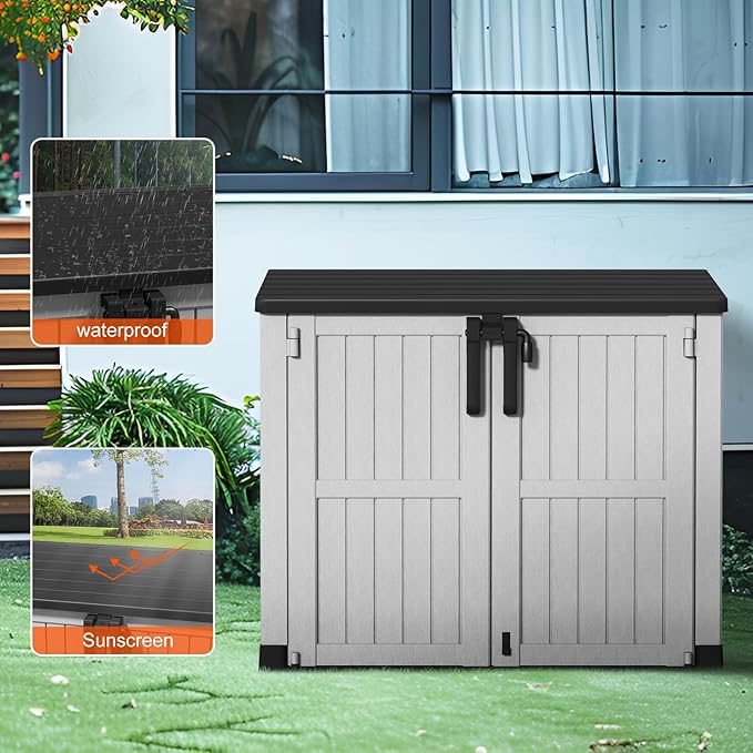 Outdoor Storage Shed Resin Tool Shed, 36 Cu Ft Waterproof Outdoor Horizontal Storage, Weather-Resistant Utility Shed with Air Vent for Trash and Lockable Doors, Garden Tools