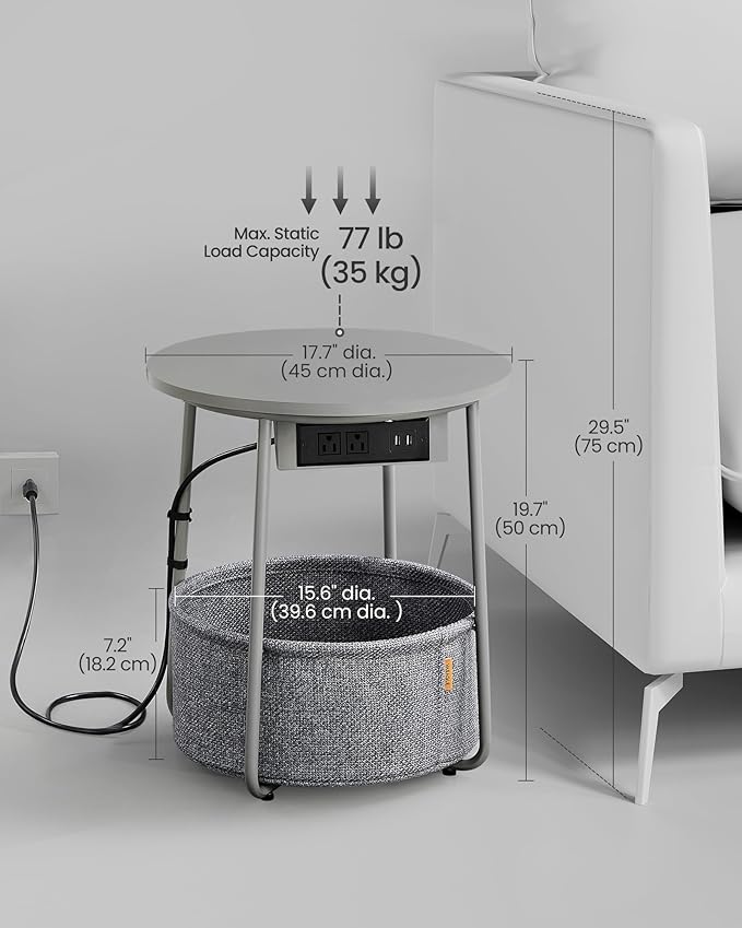 VASAGLE Side Table with Charging Station, Round End Table with Fabric Basket, Nightstand with Power Outlets, USB Ports, for Living Room, Bedroom, Modern, Dove Gray and Slate Gray ULET228G01