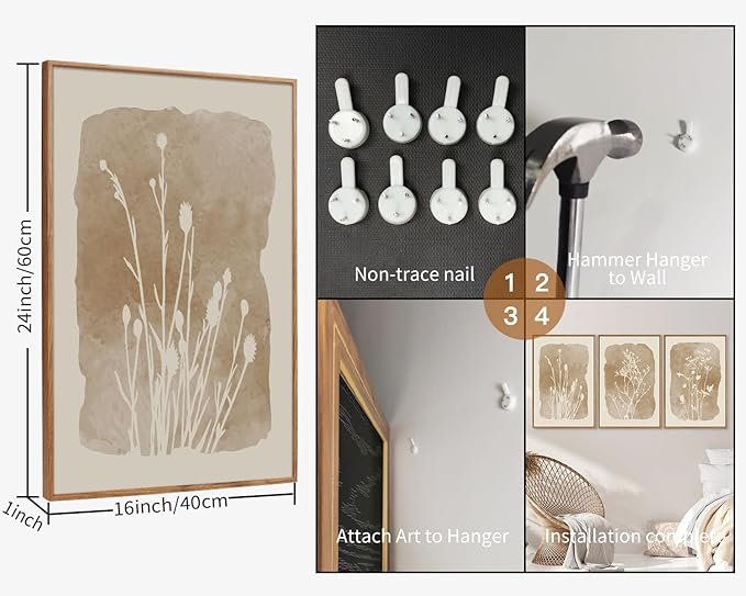 SIGNINART Boho Botanical Framed Canvas Wall Art Set, Neutral Wildflower Wall Decor, Vintage Floral Wall Painting, Art Print for Farmhouse Living Room, Bedroom, Office, Bathroom 16"x24"x3