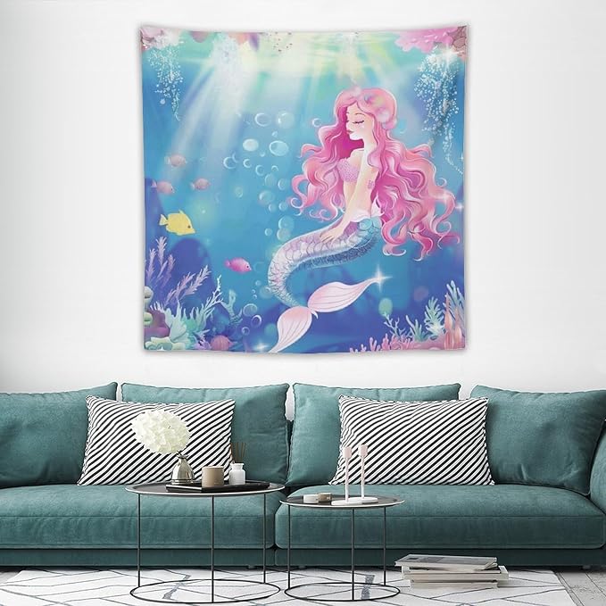 HZOHNAGO Mermaid Girls Tapestry Watercolor Mermaid Princess Pink Hair Pattern for Kids Room Decoration Printed Wall Tapestry Wall Hanging for Bedroom Living Room Dorm 60" W x 60" H