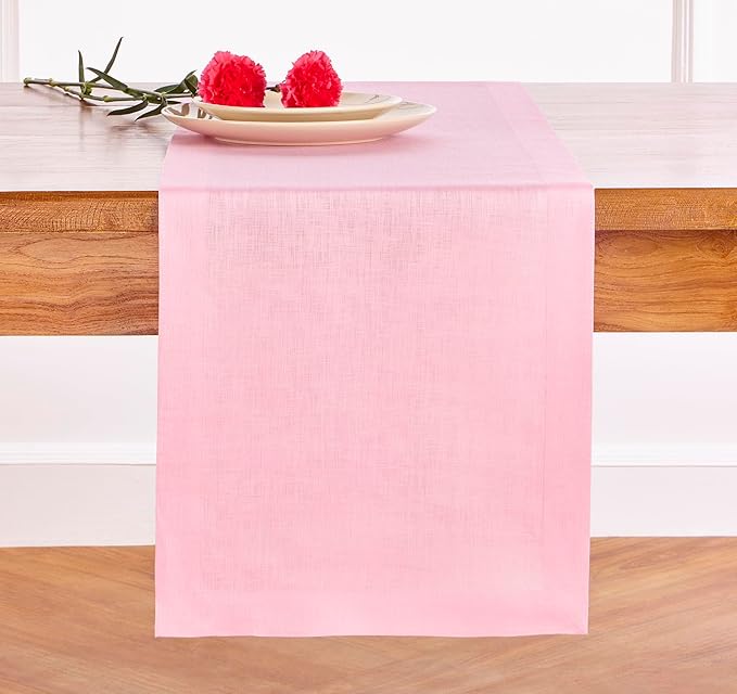 Solino Home Linen Table Runner 60 Inches - 100% Pure Linen Pink Lemonade Table Runner 14 x 60 Inch Ideal for Dresser and Coffee Tables - Halloween - Fete
