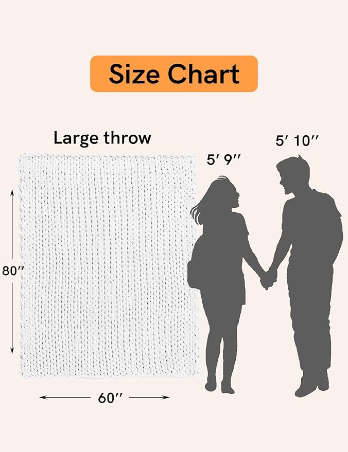 YnM Chunky Throw Blanket, Medium-Weight, Hand Knitted with Chenielle Yarn, Skin Friendly, Ventilated and Breathable, Machine Washable, Home Décor Piece for Couch, Sofa and Bed (White, 60x80 Inch)