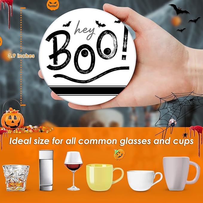 Coaster for Drinks Set of 6, Halloween Hey Boo Cute Ghost Spooky Black White Absorbent Round Ceramic Stone Mat, with Cork Base and Metal Holder, Gift for Housewarming Room Bar Decor