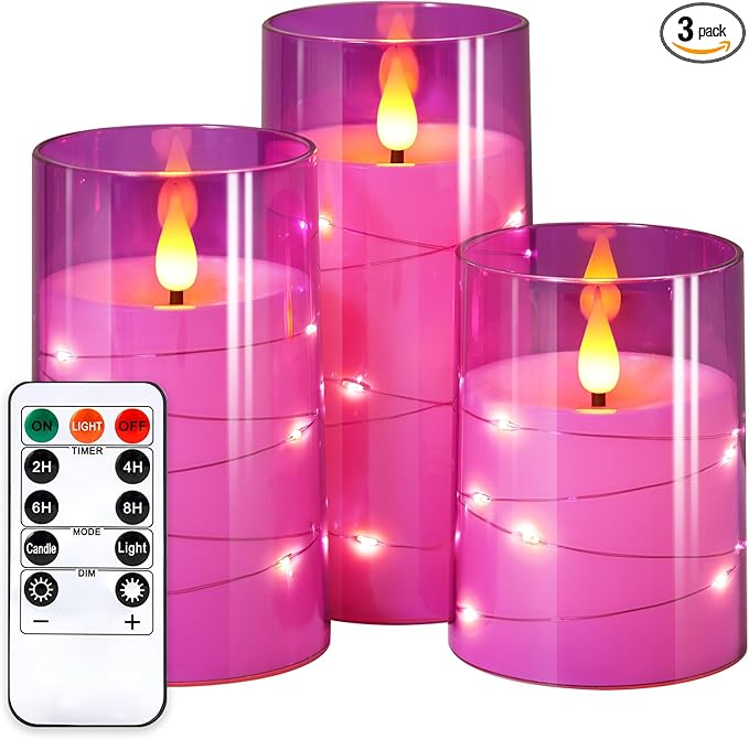 NURADA Flickering Flameless Candles: Built-in Star String Lights 3D Wick Acrylic Battery Operated LED Pillar Candles with Remote and Timer for Table Wedding Centerpieces Party 3 Pack Purple