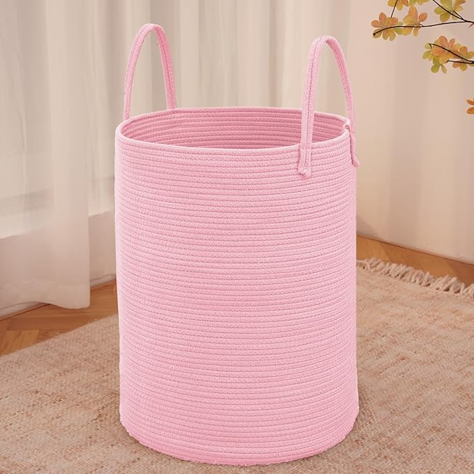 Large Woven Laundry Basket Hamper,80L Cotton Rope Storage Bin for Blankets,Toys and Clothes,Decorative Tall Nursery Hamper for Living Room,Baby Nursery,Bathroom and Bedroom,Pink