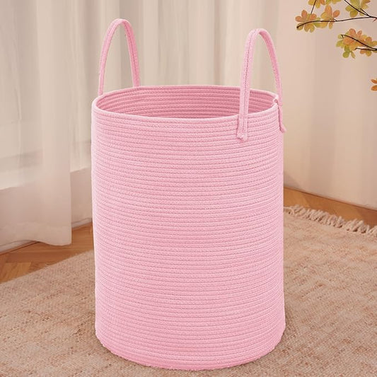 Large Woven Laundry Basket Hamper,100L Cotton Rope Storage Bin for Blankets,Toys and Clothes,Decorative Tall Nursery Hamper for Living Room,Baby Nursery,Bathroom and Bedroom,Pink