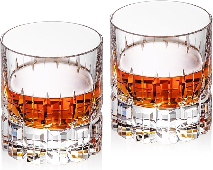 KAMMAK Crystal Whiskey Glasses Set of 2, Luxury 7.78oz Old Fashioned Glasses Stemless, Hand Blown Cocktail Glasses, Handcrafted Engraved Scotch Cup for Women, Men Gift for Bourbon Barware
