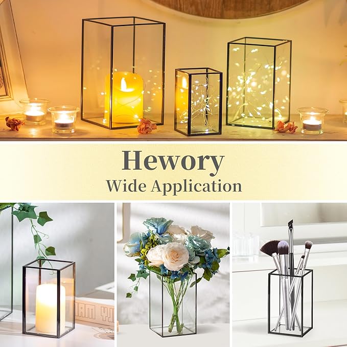 Glass Hurricane Candle Holder Large - Hewory 6pcs Black Rectangle Flower Holders Centerpiece for Table, Tall Floor Square Pillar Candle Lantern for Wedding, Anniversary, Party, Fireplace, Dining Room