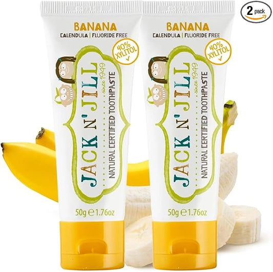 Jack N' Jill Natural Toothpaste for Baby and Infants - Fluoride Free Training Toothpaste, 40% Xylitol, BPA Free - Banana, 1.76 oz (Pack of 2)