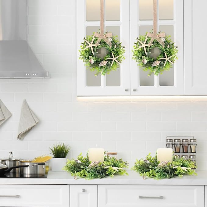 6 Pcs Shell Starfish Swag Wreath Summer Wreaths for Kitchen Cabinet Mini Artificial Rustic Farmhouse Wreaths with Ribbon for Pillar Front Door Porch Wall Window Farmhouse Decoration