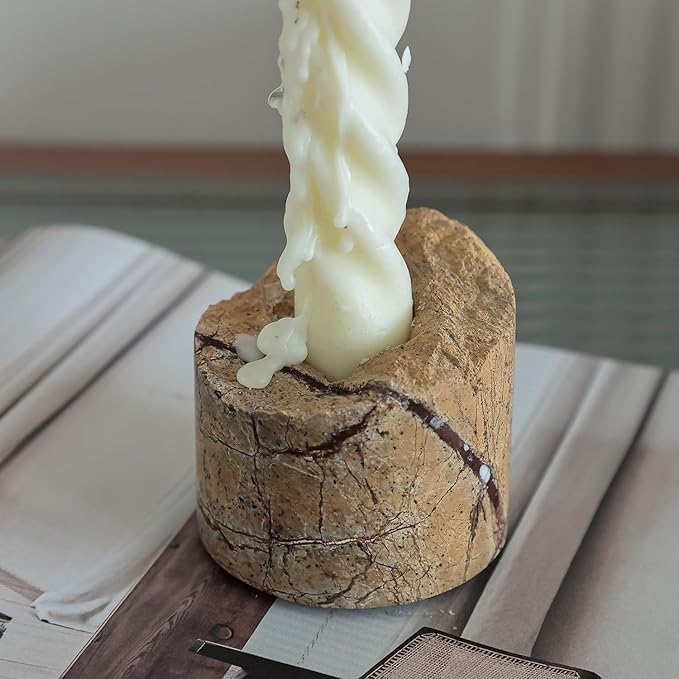 Travertine Candle Holder - Handmade Marble Candlestick Holder for Taper Candle - Vintage Small Stone Candle Sticks Holder Decor for Table Centerpieces, Wedding, Party, Fits 3/4 Inch Thick Candle
