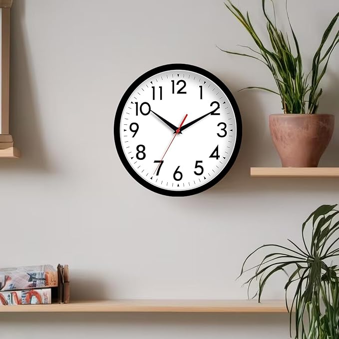 Wall Clock Small Analog 8 Inch Silent Non Ticking Battery Operated Modern Simple Decorative for Kitchen Office Bedroom Bathroom Living Room(Black)