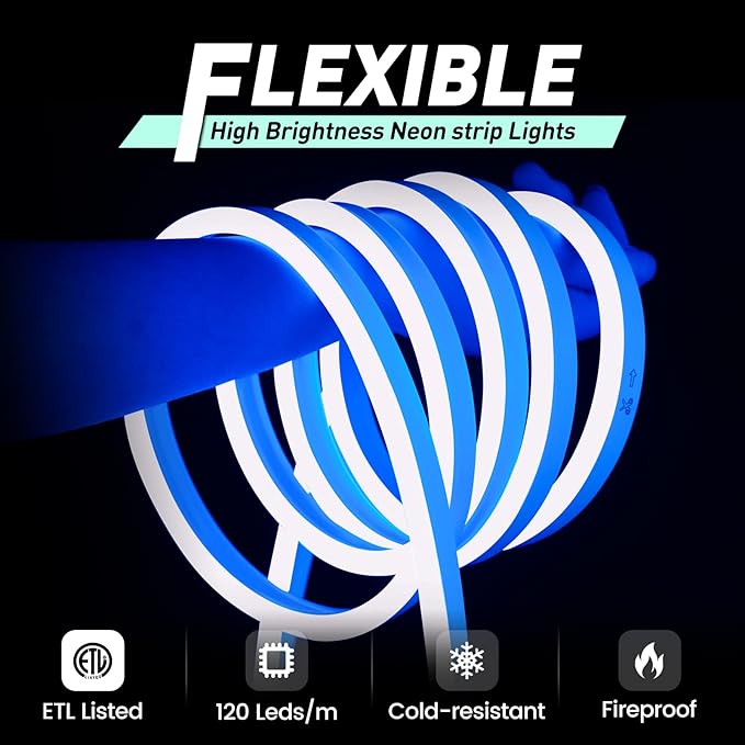 GZBtech Flexible LED Neon Rope Lights 50FT,AC 110-120V Waterproof Strip Light, 120 LEDs/M Cuttable Connectable Neon Lighting for Indoor Outdoor Home Decor/Commercial Building Use-Blue 15M