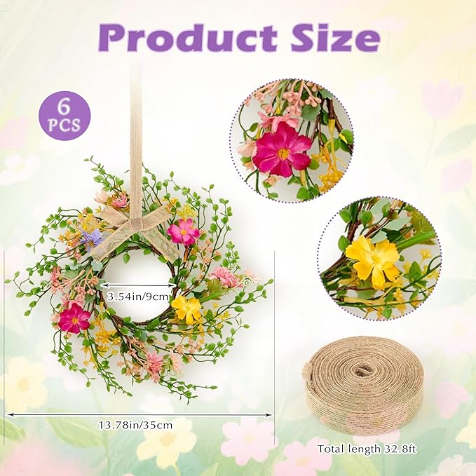6 Pcs Spring Summer Hanging Flower Swags Wreaths Mini Artificial Wild Flower Wreath Artificial Candle Rings Wreaths for Pillar Front Door Porch Wall Window Farmhouse All Seasons Decoration