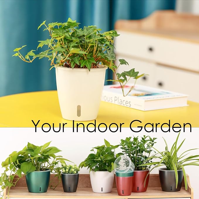 Self Watering Pots for Indoor Plants, 6-Pack 6.7'' Self Watering Planter with Drainage Holes, Small African Violet Pots with Water Indicator, Clear Wick Orchid Pot, Grey Gold