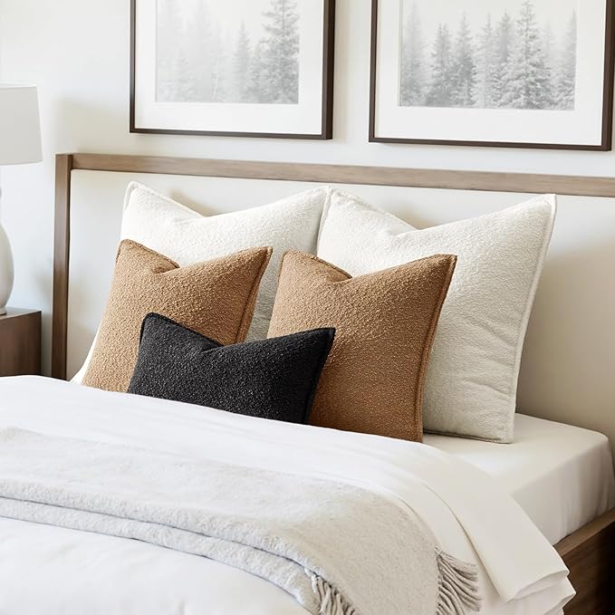 MIULEE Pack of 2 Decorative Textured Boucle Throw Pillow Covers 18x18 Inch Brown Broadside Thick Boho Pillows for Farmhouse Accents Sofa Couch Bedroom Living Room Home Decor