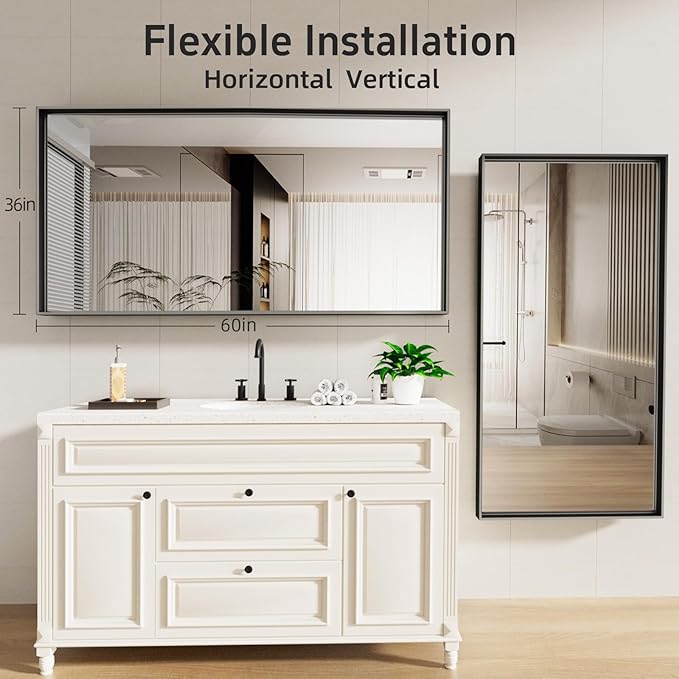 60x36 Inch Black Bathroom Mirrors for Over Sink, Large Rectangular Framed Mirror, Matte Modern Vanity Mirrors, Wall Mirrors for Bathroom, Tempered Glass, (Horizontal/Vertical)