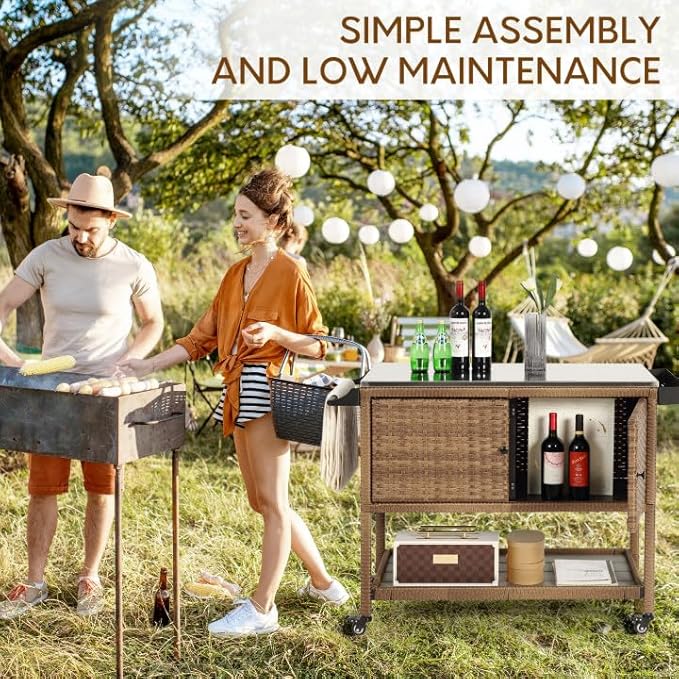 Wicker Outdoor Bar Cart with 4 Lockable Casters, Patio Prep Stainless Table with 2 Ratten Doors Storage Cabinet,Island Cart with WPC Shelf for Grill, Kitchen and Garden, Brown