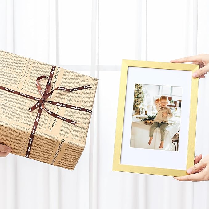 Vittanly 8x12 Picture Frames Set of 9, Shatter Resistant Plexiglass, Display 6x8 Pictures with Mat or 8x12 without Mat, Photo Frames for Wall or Tabletop, Engineered Wood, Gold