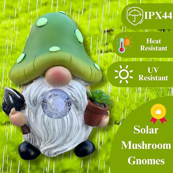 Solar Mushroom Gnomes Garden Statues Outdoor Decor with Night Glow,Cute Fairy Garden Statues for Yard,Pathway,Lawn Art Ornamen,Spring,Easter,Birthday Christmas Women Mom Gift Idea
