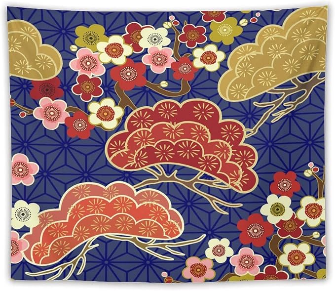 HZOHNAGO Japanese Tapestry Art Abstract Colorful Cherry Blossom Blue Background Pattern Printed Wall Tapestry Painting Wall Hanging for Bedroom Living Room Dorm 60" W x 50" H