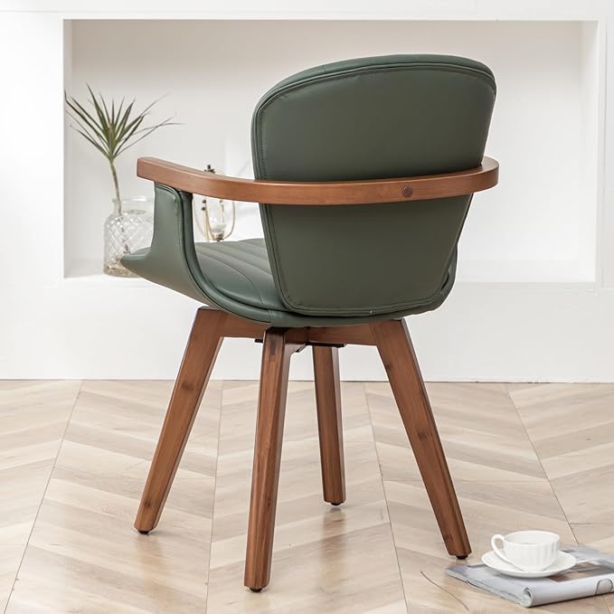 LUNLING Swivel Dining Room Chairs Set of 2, Mid Century Modern Green Faux Leather Kitchen Chairs with Arms,Bamboo Legs Side Chairs No Wheels,Accent Chair for Dining Rooms and Offices
