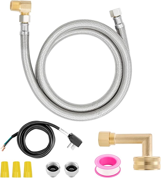 Roastove Universal Dishwasher Installation Kit,4 Ft Stainless Steel Dishwasher Hose,Burst Proof Water Supply Line with 3/8" Compression Connections