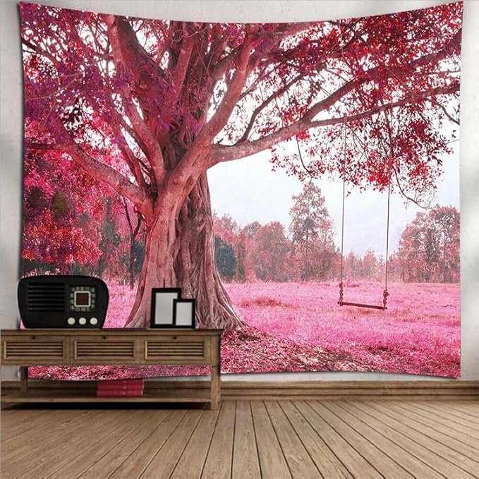 FENDROM Autumn Pink Flower Tapestry Window View Wall Hanging, Nature Forest Floral Trees Garden Scenic Tapestries for Living Room Home Office Dorm