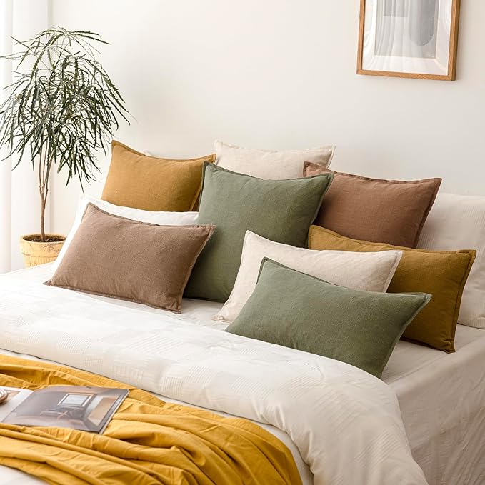 Foindtower Pack of 2, Decorative Linen Soild Throw Pillow Covers Soft Accent Cushion Case Farmhouse Neutral Pillowcase for Chair Couch Sofa Bedroom Living Room Home Decor 20x20 Inch Olive Branch Green