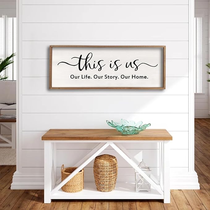 This is us Wall Decor Sign 40'' x 15'' Large Master Bedroom Home Life Story Wood Framed Vintage Family Sign Rustic Plaque Living Room Minimalist Farmhouse Hanging Wall Art (Wood)