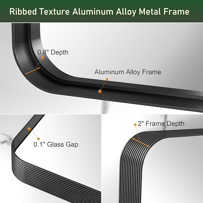 60 x 30 Inch Black Framed Mirror for Bathroom, Matte Black Bathroom Mirror for Over Sink Rectangle Large Vanity Mirror with Ribbed Texture Metal Frame for Home Decor (Horizontal/Vertical)