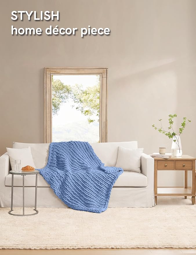 YnM Chunky Throw Blanket, Medium-Weight, Hand Knitted with Chenille Yarn, Skin Friendly, Ventilated and Breathable, Machine Washable, Home Décor Piece for Couch Sofa and Bed (Chambray Blue 50x60 Inch)