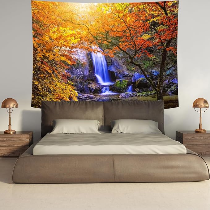 Delur Waterfall Tapestry Forest Nature Scenic Tree Mountain Sunset Tapestry Wall Hanging Natural Landscape Sunrise Headboard for Bedroom Living Room Home Decor (70.8" x 92.5")