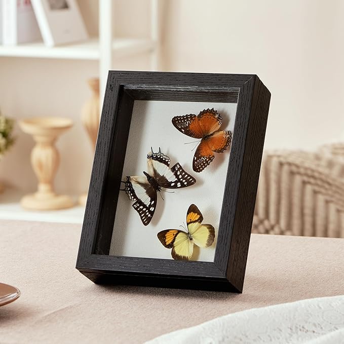 5x7 Deep Shadow Box Picture Frame Display Case with Linen Back and Stand,Real Glass Small Mini Black Shadow Memory Box Frame 5x7 for Insect Display Pet Photo Memorial Flower Art Craft Gift