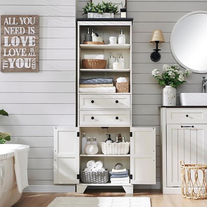 72" Tall Bathroom Storage Cabinet, Farmhouse Storage Cabinet with 2 Drawers, Adjustable Shelves & Barn Door, Cabinet for Bathroom, Living Room, Kitchen, Off White